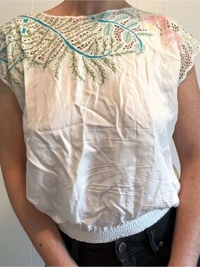 White Embroidered Cap-Sleeve Top with Floral Accents